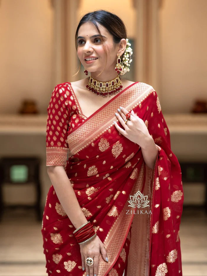 Stylish Red Soft Silk Saree With Unique Blouse Piece