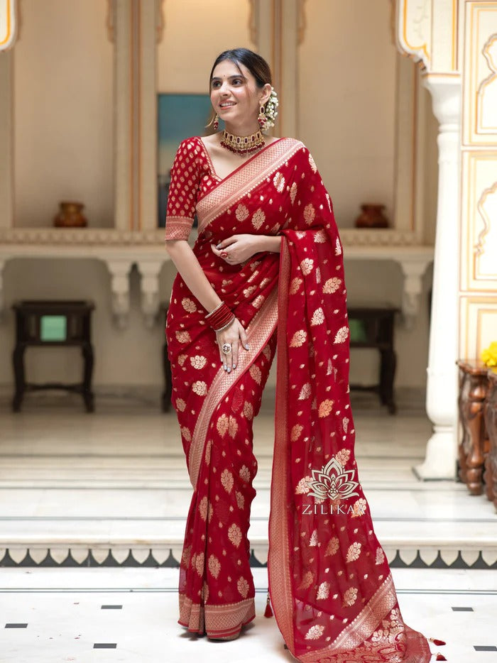 Stylish Red Soft Silk Saree With Unique Blouse Piece