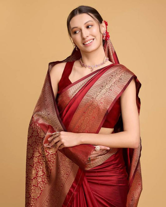 Charming Red Soft Banarasi Silk Saree With Pretty Blouse Piece