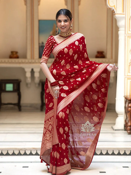 Stylish Red Soft Silk Saree With Unique Blouse Piece