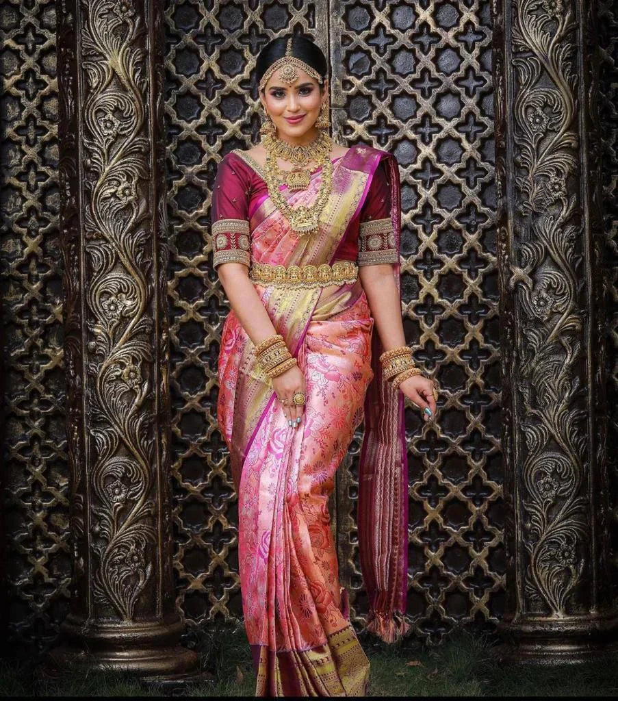 Pink Soft Banarasi Silk Saree With Nemesis Blouse Piece