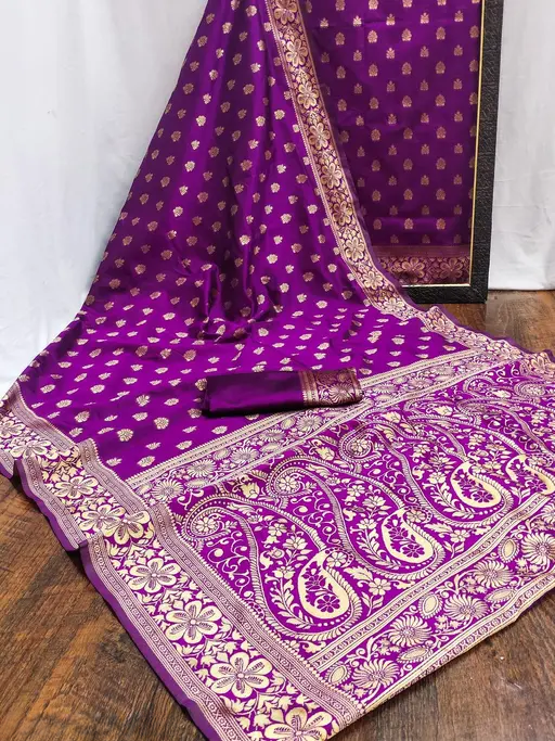 Desirable Wine Banarasi Silk Saree With Assemblage Blouse Piece