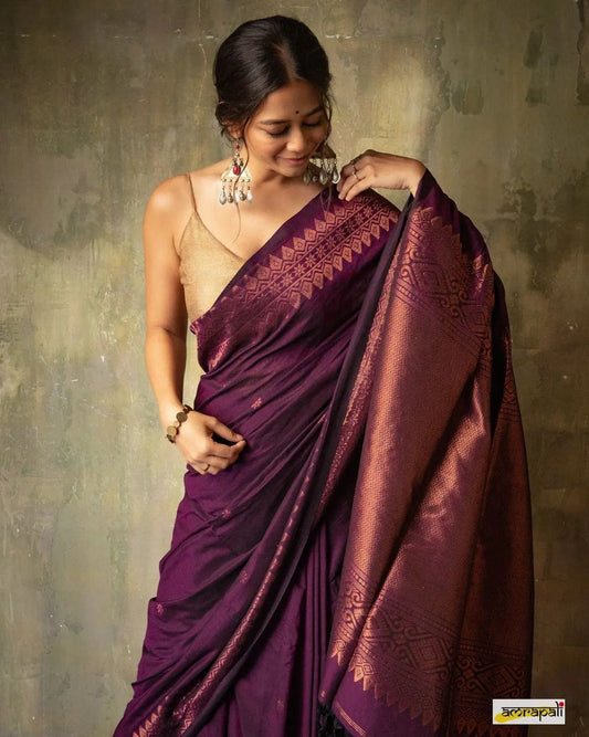 Lovely Wine Soft Banarasi Silk Saree With Precious Blouse Piece