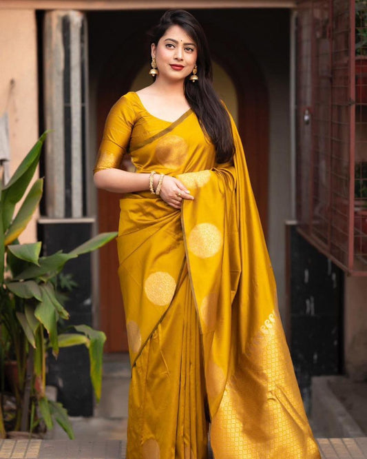 Quintessential Yellow Soft Banarasi Silk Saree With Lissome Blouse Piece