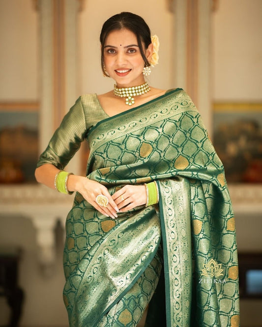 Surpassing Dark Green Soft Silk Saree With Dazzling Blouse Piece