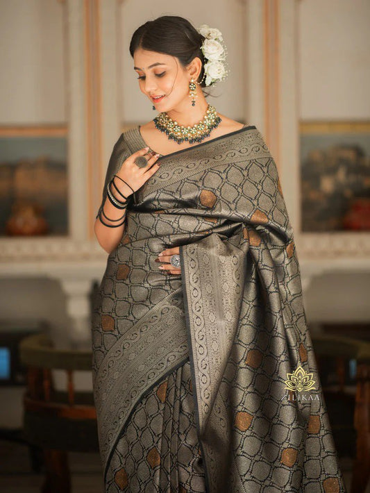 Blooming Black Soft Silk Saree With Impressive Blouse Piece