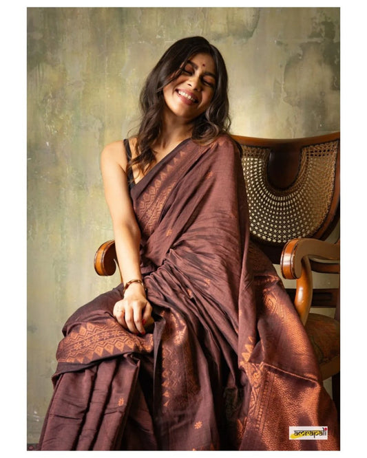 Vibrant Brown Soft Silk Saree With Excellent Blouse Piece