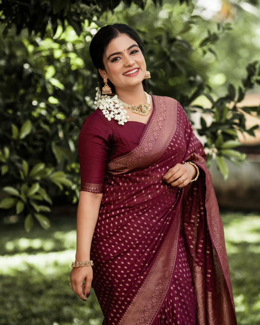 Hypnotic Maroon Soft Silk Saree With Scrupulous Blouse Piece