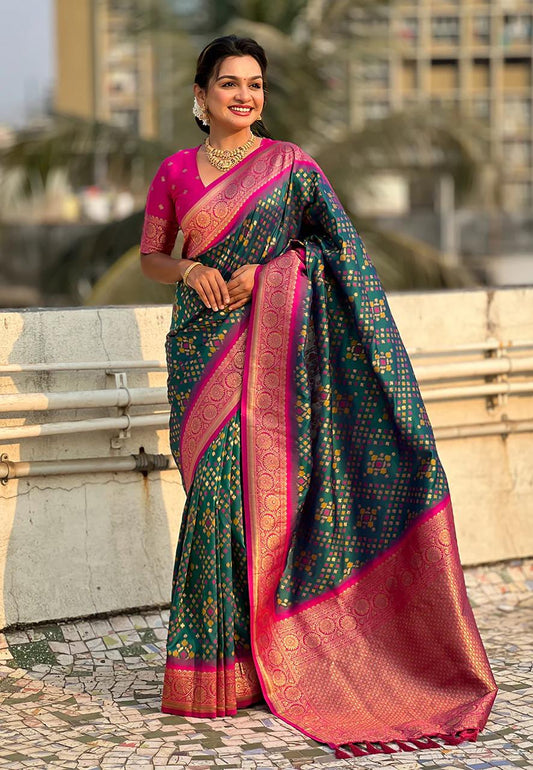 Desultory Dark Green Paithani Silk Saree With Elision Blouse Piece