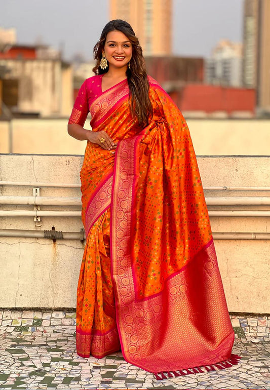 Marvellous Orange Soft Silk Saree With Unique Blouse Piece