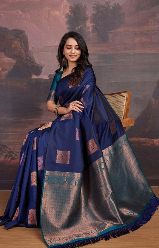 Beautiful Navy Blue Soft Silk Saree With Hypnotic Blouse Piece
