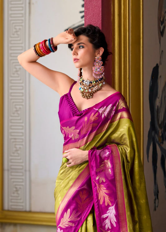 Inspiring Pink and Yellow Digital Printed Satin Silk Saree With Fairytale Blouse Piece