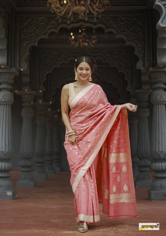 Gleaming Peach Soft Banarasi Silk Saree With Energetic Blouse Piece