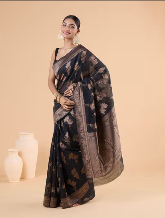 Petrichor Black Soft Silk Saree With Rhapsodic Blouse Piece