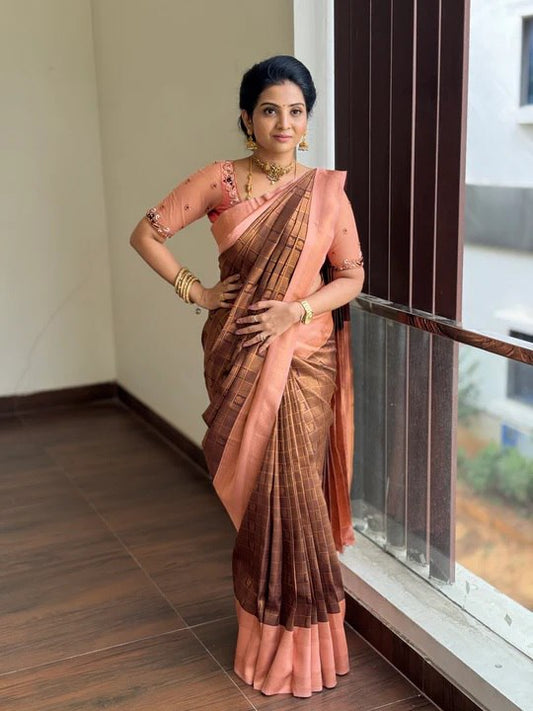 Amazing Brown Soft Silk Saree With Captivating Blouse Piece
