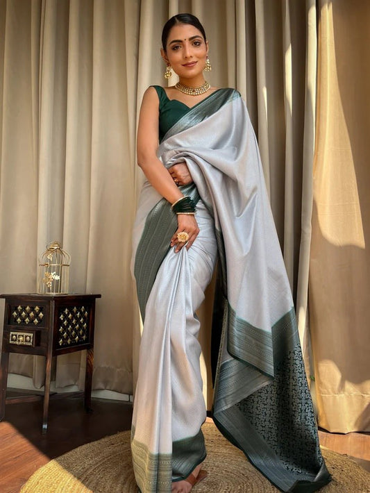 Gratifying Grey Banarasi Silk Saree With Classic Blouse Piece
