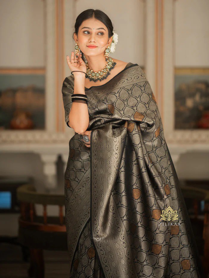 Blooming Black Soft Silk Saree With Impressive Blouse Piece