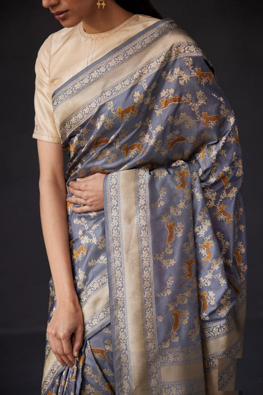 Gratifying Grey Banarasi Silk Saree With Classic Blouse Piece