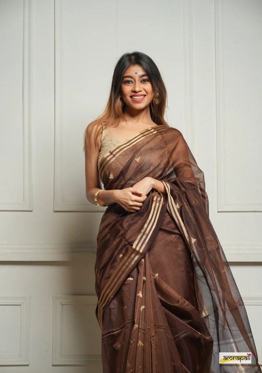 Embellished Brown Cotton Silk Saree With Felicitous Blouse Piece