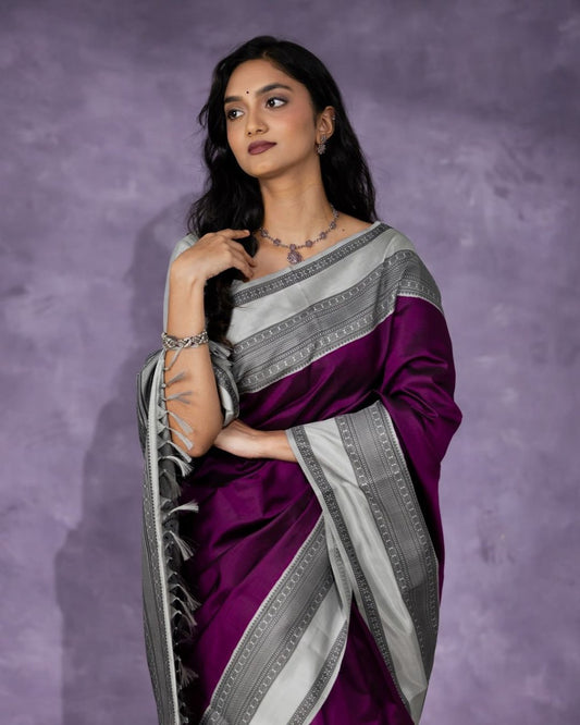 Beautiful Wine Banarasi Satin Silk Saree With Desiring Blouse