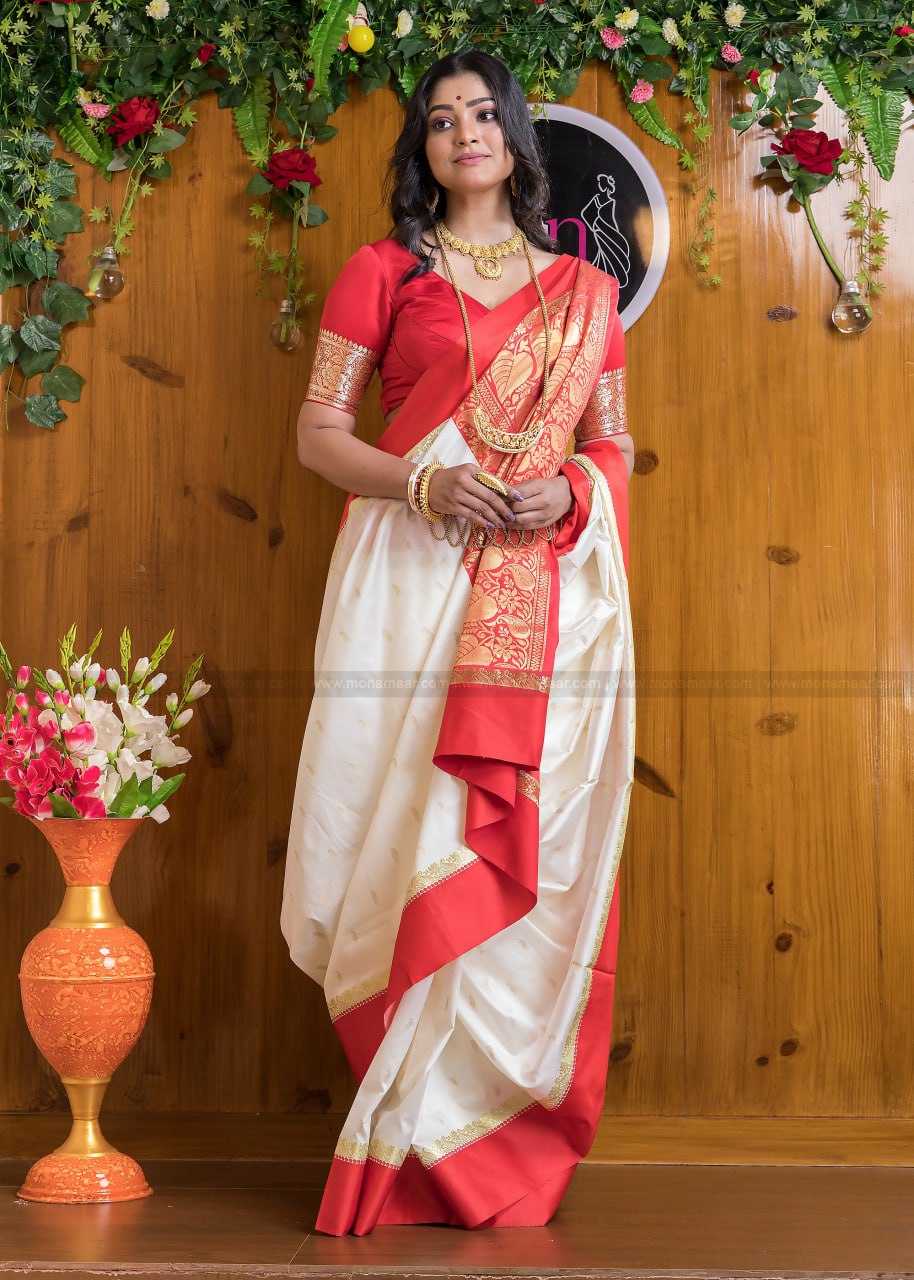 Incomparable White and Orange Orgenza Silk Saree With Fragrant Blouse Piece