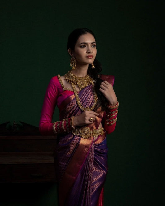 Delightful Purple Soft Banarasi Silk Saree With Classic Blouse Piece