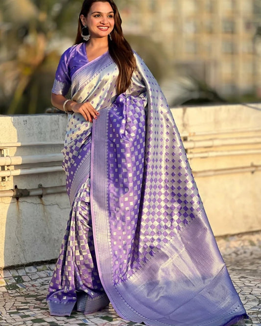 Adorable Blue Banarasi Satin Silk Saree With Exceptional Blouse