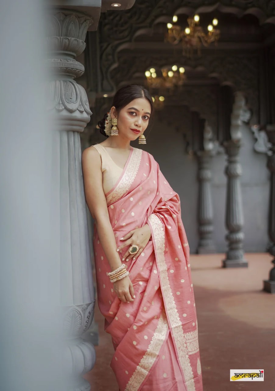 Gleaming Peach Soft Banarasi Silk Saree With Energetic Blouse Piece