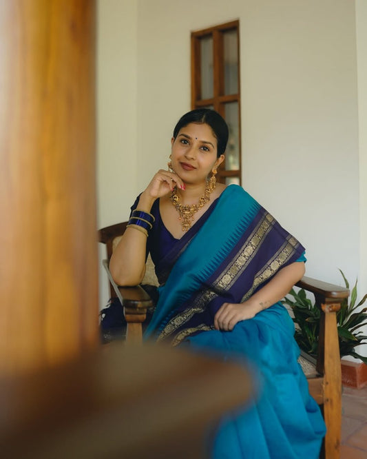 Beautiful Navy Blue Soft Silk Saree With Hypnotic Blouse Piece