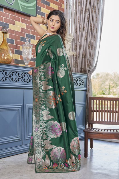 Surpassing Dark Green Soft Silk Saree With Dazzling Blouse Piece