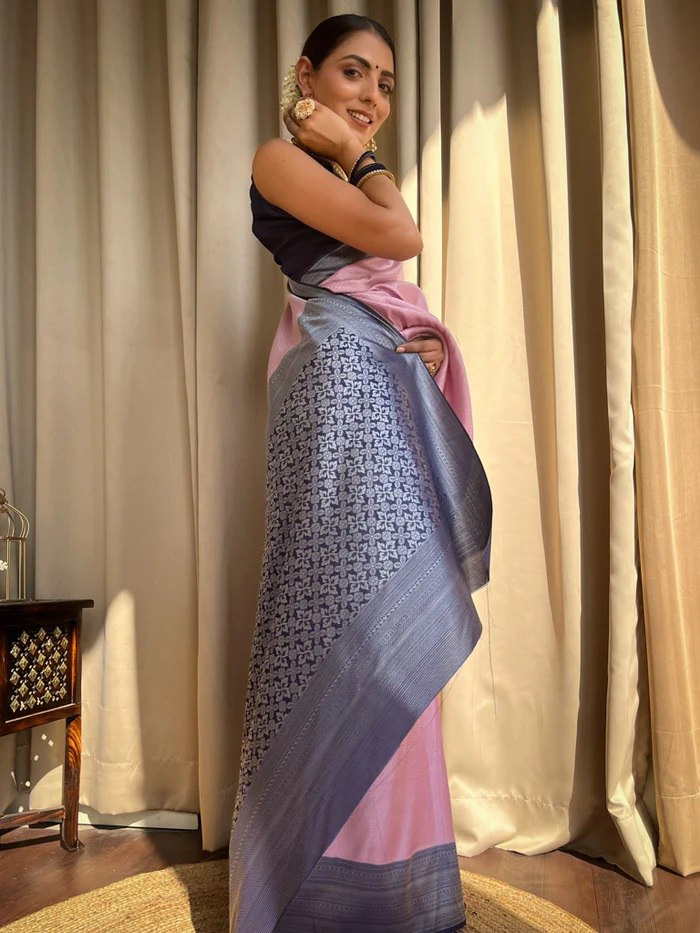 Nectarous Pink and Grey Cotton Silk Saree With Devastating Blouse Piece