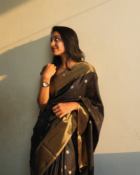 Petrichor Black Soft Silk Saree With Rhapsodic Blouse Piece