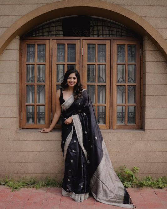 Blooming Black Soft Silk Saree With Impressive Blouse Piece