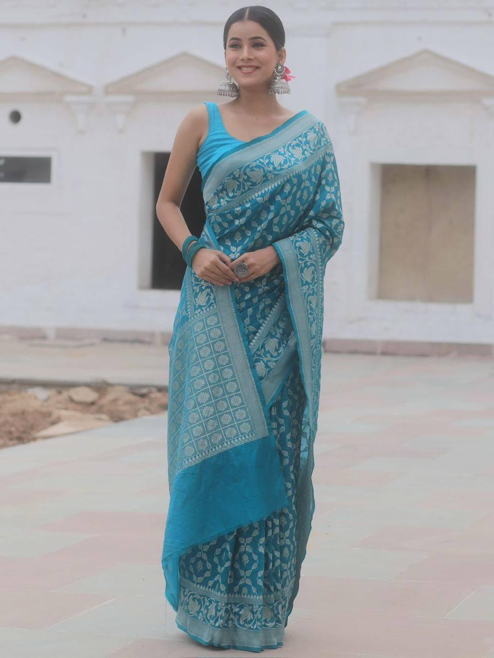 Evocative Blue Soft Silk Saree With Demure Blouse Piece
