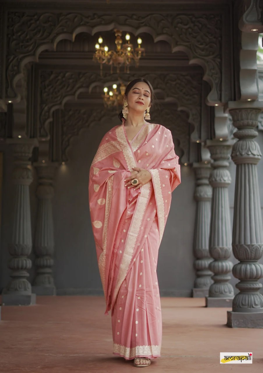 Gleaming Peach Soft Banarasi Silk Saree With Energetic Blouse Piece