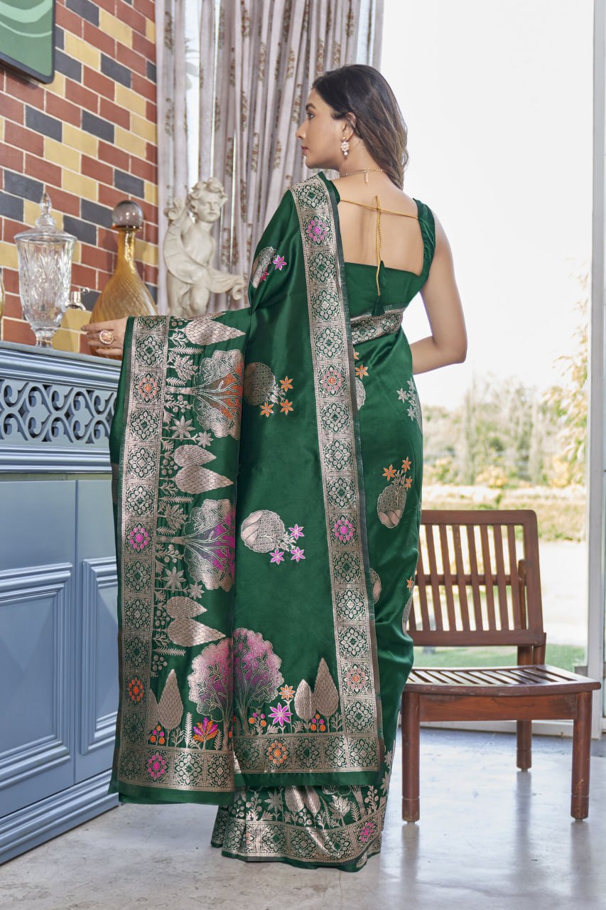 Surpassing Dark Green Soft Silk Saree With Dazzling Blouse Piece