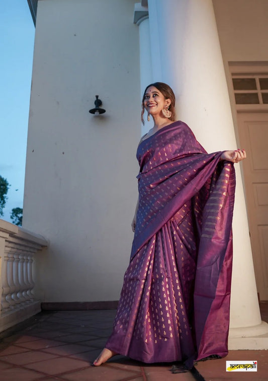 Beautiful Wine Banarasi Satin Silk Saree With Desiring Blouse