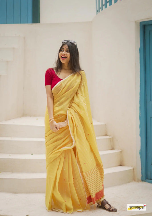 Stunning Yellow Cotton Silk Saree With Glowing Blouse Piece