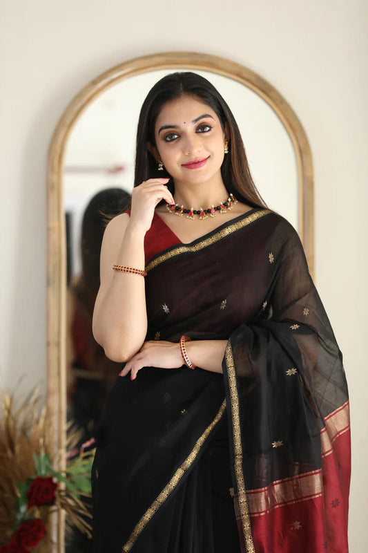 Mesmeric Black Maroon Soft Banarasi Silk Saree With Opulent Blouse Piece