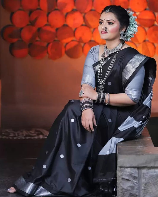 Tremendous Black Soft Banarasi Silk Saree With Incomparable Blouse Piece