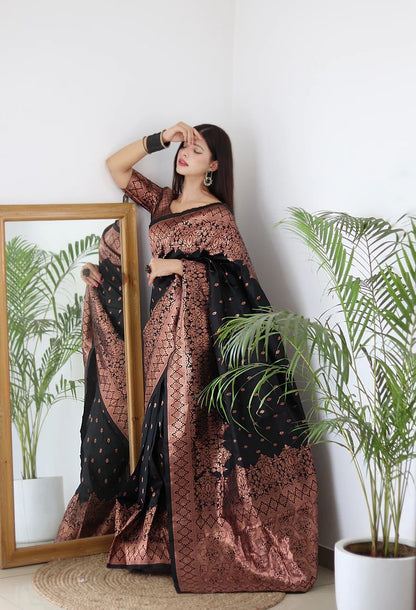 Energetic Black Soft Silk Saree With Delightful Blouse Piece