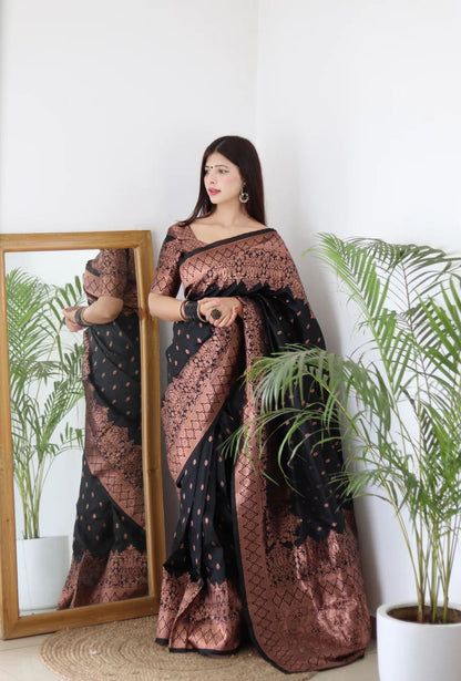 Energetic Black Soft Silk Saree With Delightful Blouse Piece