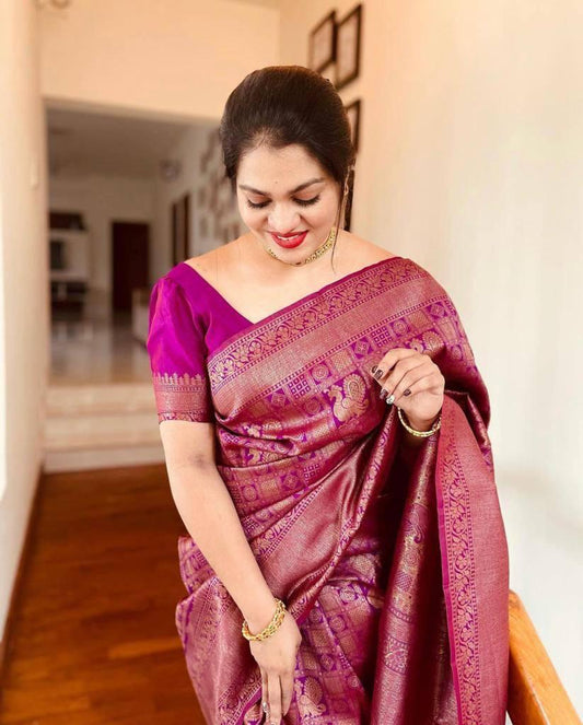 Beautiful Wine Banarasi Satin Silk Saree With Desiring Blouse