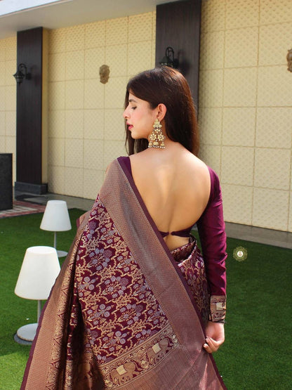 Captivating Wine Soft Silk Saree With Prominent Blouse Piece