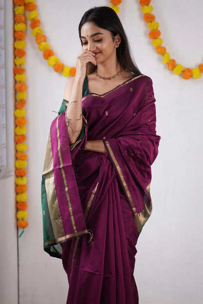 Flattering Purple Cotton Silk Saree With Extraordinary Blouse Piece