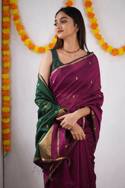 Mesmeric Wine Green Soft Banarasi Silk Saree With Opulent Blouse Piece
