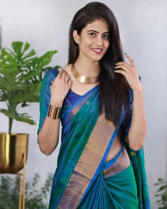 Sophisticated Green Cotton Silk Saree With Prodigal Blouse Piece