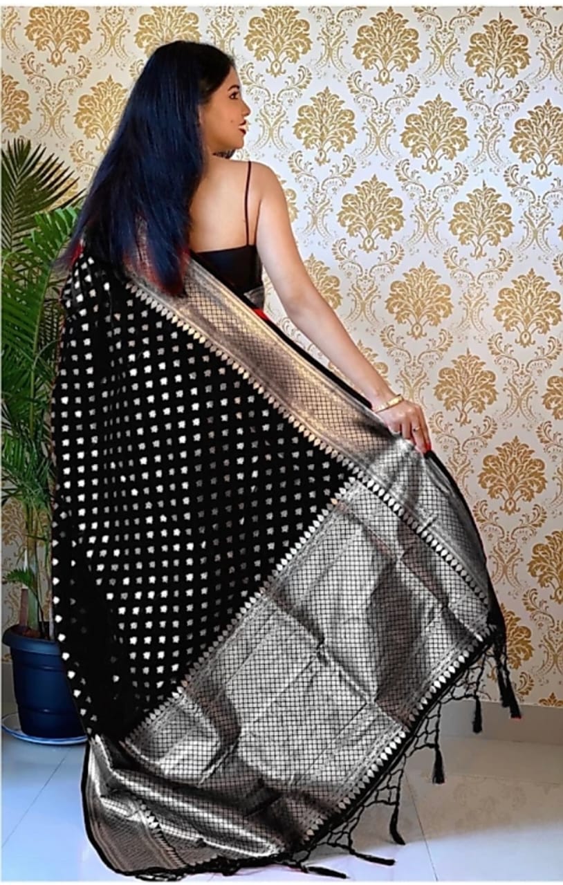 Lassitude Black Soft Banarasi Silk Saree With Lissome Blouse Piece