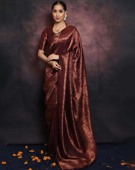 Beauteous Maroon Soft Silk Saree With Demure Blouse Piece