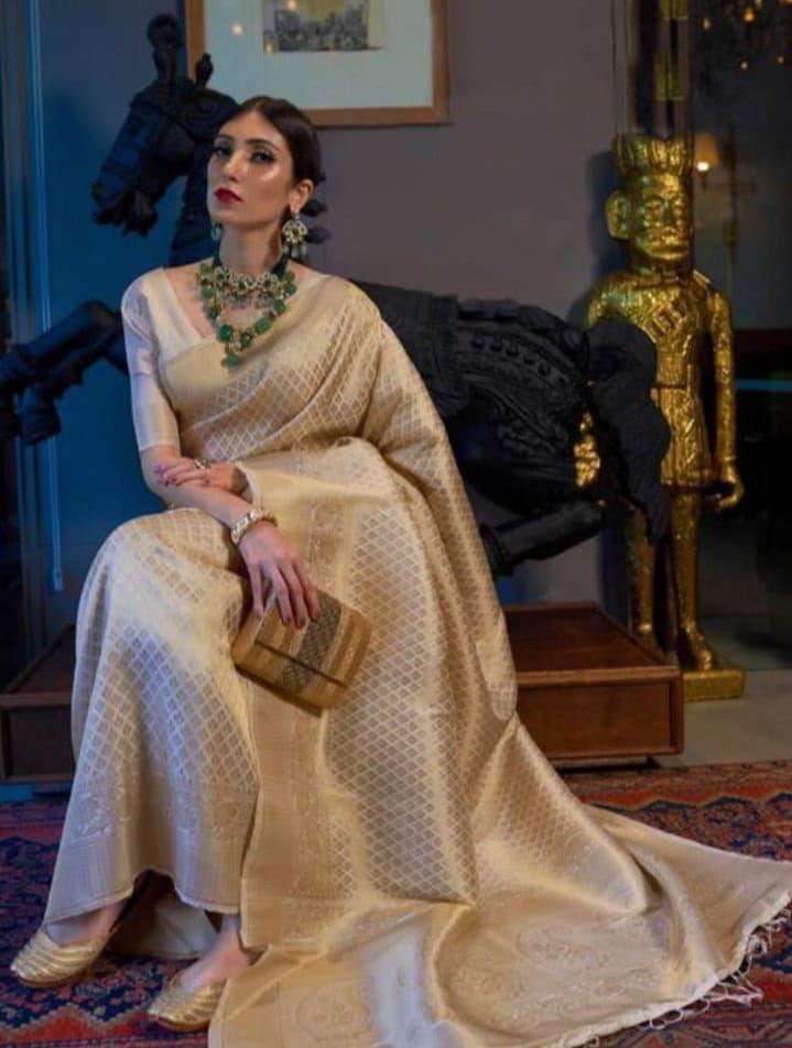 Demesne Beige Kanjivaram Silk Saree With Demure Blouse Piece